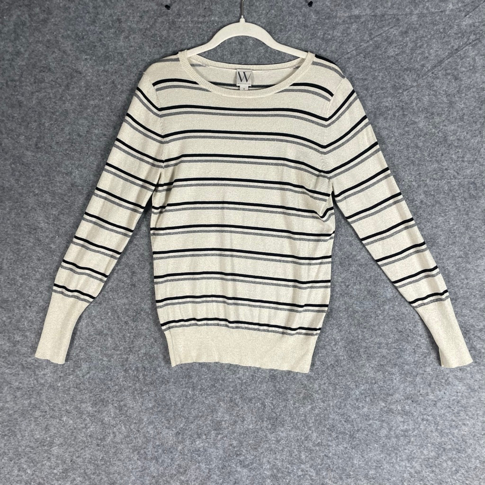Worthington Womens M Medium Striped Metallic Sweater Sparkle Shimmer Ivory - Picture 2 of 6